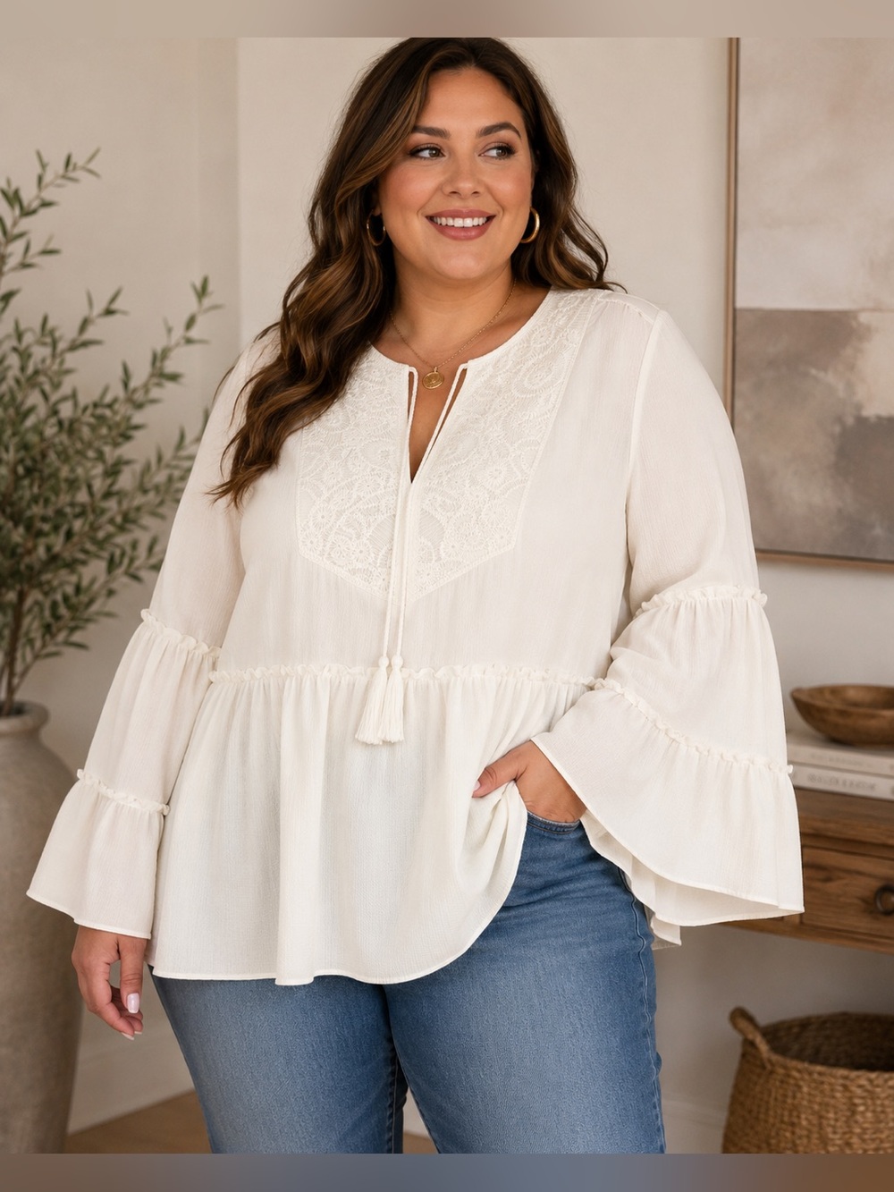NWT New Directions Curvy 2X Ivory Embroidered Boho Peplum Blouse